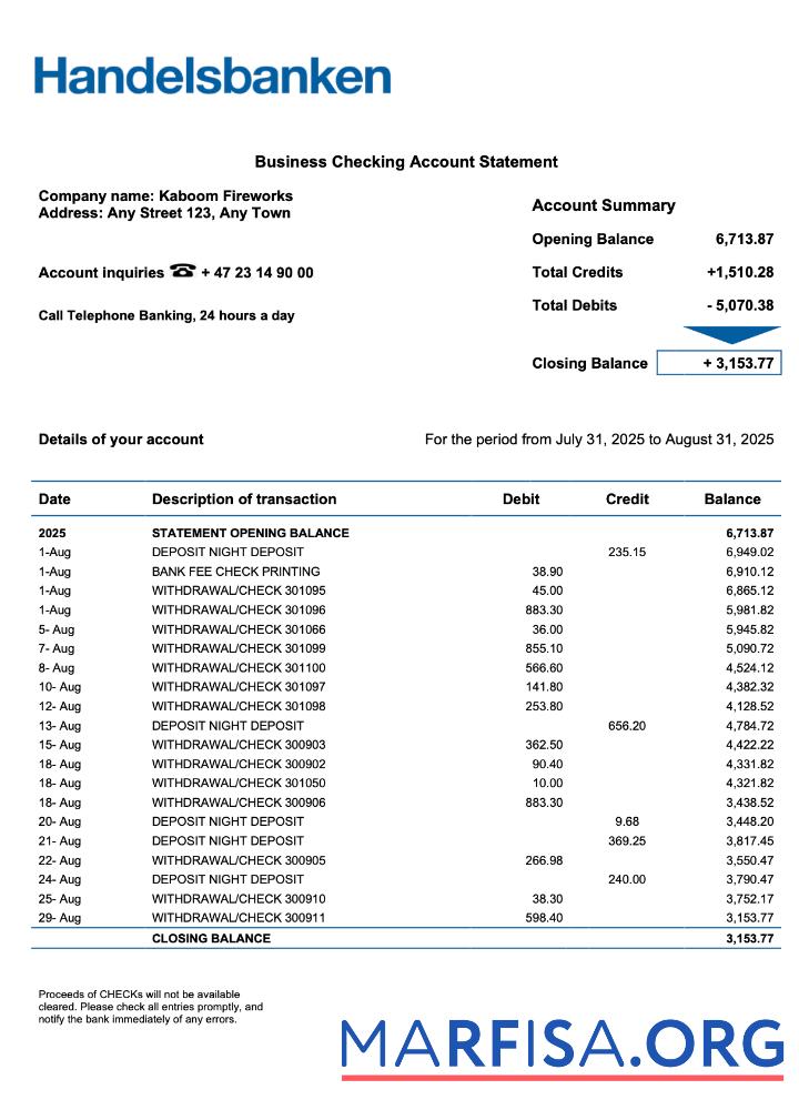 Realistic Norwegian Handelsbank enterprise statement Word and PDF template